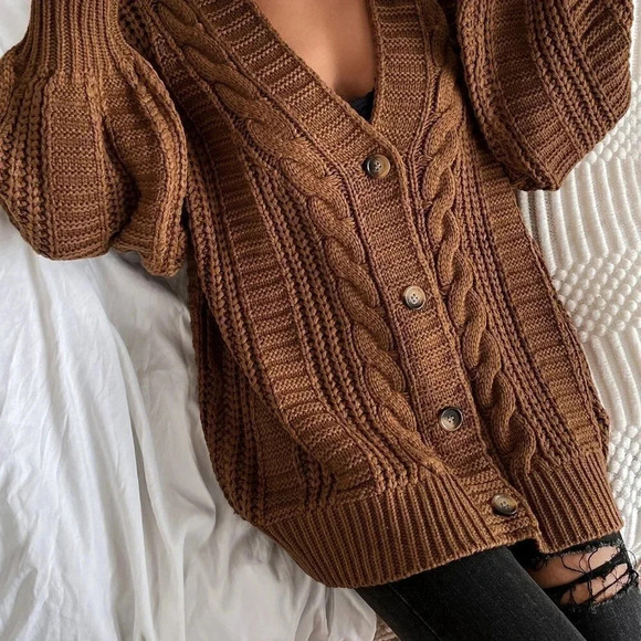 Brown Casual Womens Bishop Sleeve Button Up Cardigan - Picture 5 of 5